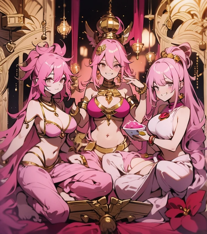 A smug narcissistic pink haired genie woman wearing a golden bra and pink puffy harem pants and lots of jewelry flaunting herself being pleasured by her harem of women who wear the same clothes as she does