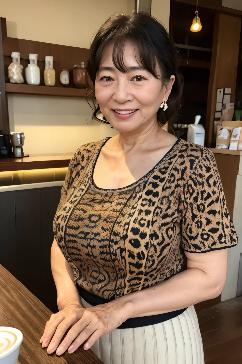 Osaka's aunt、Organic Photography、highest quality、masterpiece、Ultra-high resolution、Beautiful Japanese old lady、70 years old、Looking at the audience、Elegant face、Toothy smile、Big Breasts、Wearing a short-sleeved knit with an animal print、Medium long wavy hair、mini skirt、Earrings、A corner of a coffee shop, Background Blur