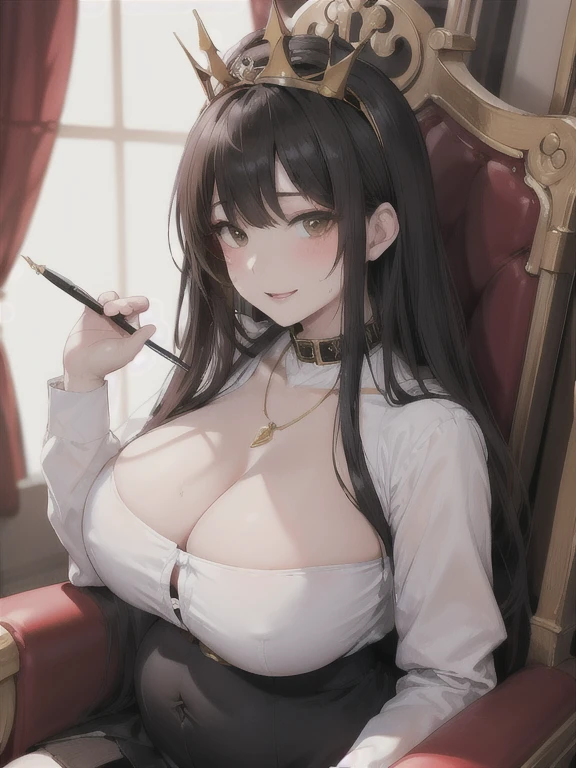 Perfect detail, Special details, highest quality,,expensive, woman,A satisfied smile 、Confident face,Overwhelming Dominance、Overwhelming power、High school queen、Elegant face、round face、View Viewer, Black Hair, Long Hair,Big belly , , Side bang, Partially exposed forehead, Dark brown eyes, Mature Body, Perfect body, Tolerant、Large Breasts,Big ass and plump body.Sweaty body,、Open your mouth、、 blush, Cleavage White Shirt, , Black Skirt.,Gold Jewelry,Gold Bracelet,Gold Collar、 Luxurious crown,, necklace, Pursing your lips、 A light smile, Drunk, expensiveディテール, Depth of written boundary, 1080p, 16k, Awards, High resolution, highest quality, masterpiece, 超High resolution, Anatomically correct, Super detailed,,Huge breasts、Realistic、Perfect bodyライン、aerial photograph、aerial photograph、cute、palace、Throne、A large number of servants During pregnancy school uniform Big breasts overflowing from the white shirt
