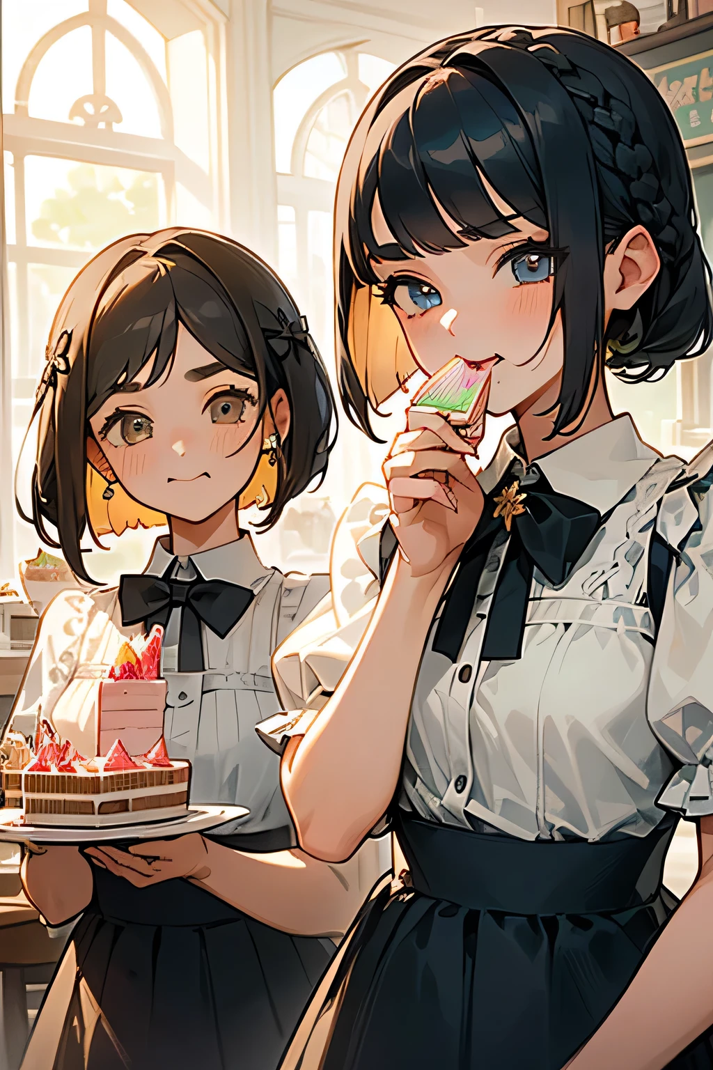 highest quality、High resolution、Detailed Background、(Beautiful face in every detail:1.4)、Anatomically correct、(Detailed facial expressions)、(Detailed eyes:1.2)、(Detailed eyes:1.2)、Teenage beauty、(Three Women)、(Highly detailed face:1.4)、cute hair color、Braided bob cut、Braided Ponytail、cute hairstyle、well-groomed eyebrows、Happy expression、A big smile、laughing、smile、A fun atmosphere、Cowboy Shot、Show upper body、
(Two girls are eating cake in a cute cafe:1.5)、
Ruffled or lace blouses、Bowtie camisole、flare skirt、Ribbon and flower motif hair accessories、
Choose sweet colors and designs、A neat and cute atmosphere、cute