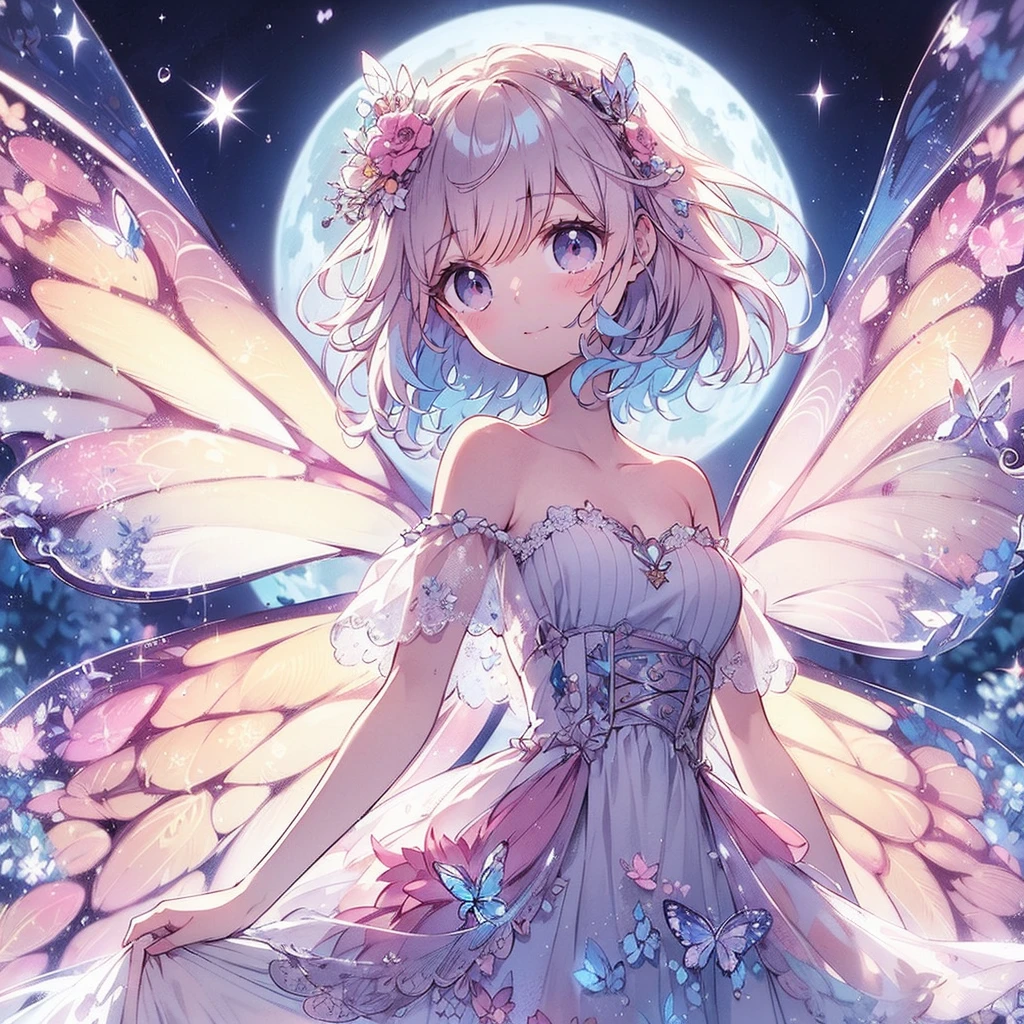 (Exquisite, beautiful, Very detailed, masterpiece, high resolution,high quality,High resolution),(Well-formed face,Soft and thin lines,Moonlit Night,Beautiful and delicate pastel color illustrations that are mature and transparent, Pixiv-inspired anime illustration,Cute pastel-colored girl-style illustrations that are going viral among Japanese people on Twitter), On a night lit by the beautiful Big Moon, a fairy princess with a clear, delicate, beautiful well-formed face and butterfly-like wings is standing sideways happily under the dark moonlit sky., A beautiful moon and stars are shining in the vivid starry night,From a little distance,Tiara, star earrings, star necklace and bracelet), ((A gorgeous ball gown dress with lots of frills and a moon motif., Balloon sleeves, Jewels, ribbons, lace and frills, Butterfly-like fairy wings growing from her back)), (Adorable,A shy smile,Pale pink blush, Plump pink lips,Beautiful and clear eyes,Large Bust, Fair skin, Good style),Starry sky texture,Vibrant pastel colors,Dreamy and cute fantasy world,Whole body,Colored pencil art,Big Moon