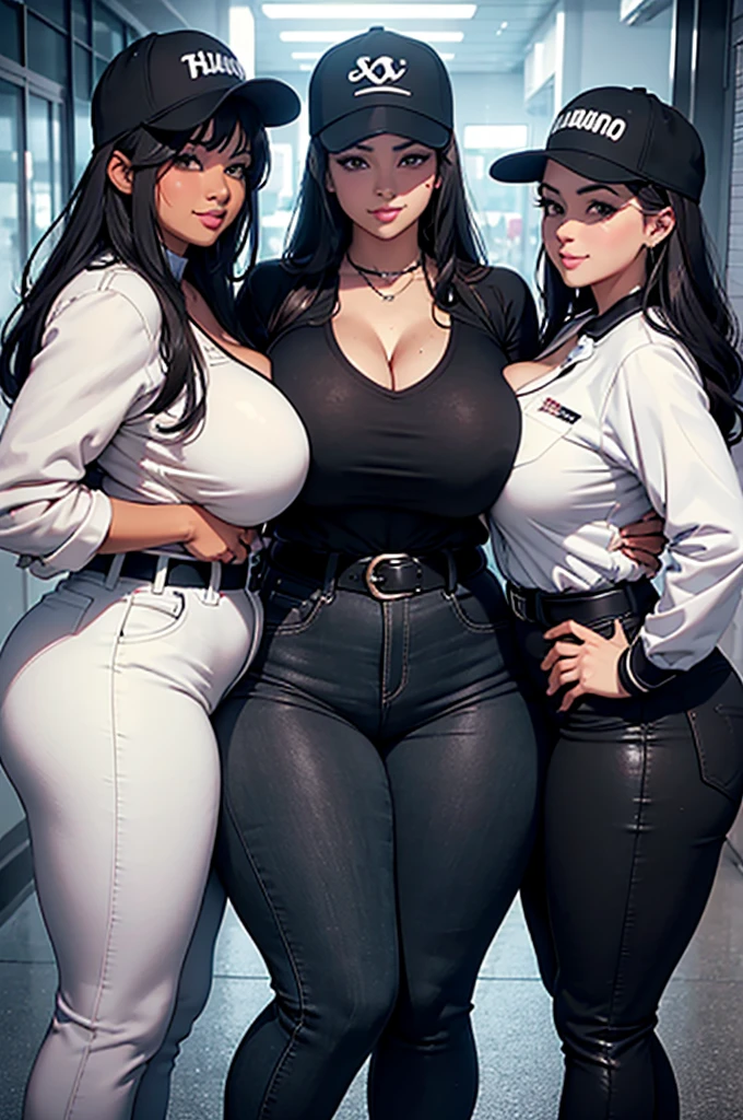 three extremely thicc and large latino women hugging, huge bust, 250 pounds of sensuality, black pants, massive breasts, slim-thicc, smiling, sbbw, plus size woman, belt, thicc, hand on shoulder, wearing a baseball cap, black shirt, white jacket, voluptuous body, leaning backwards