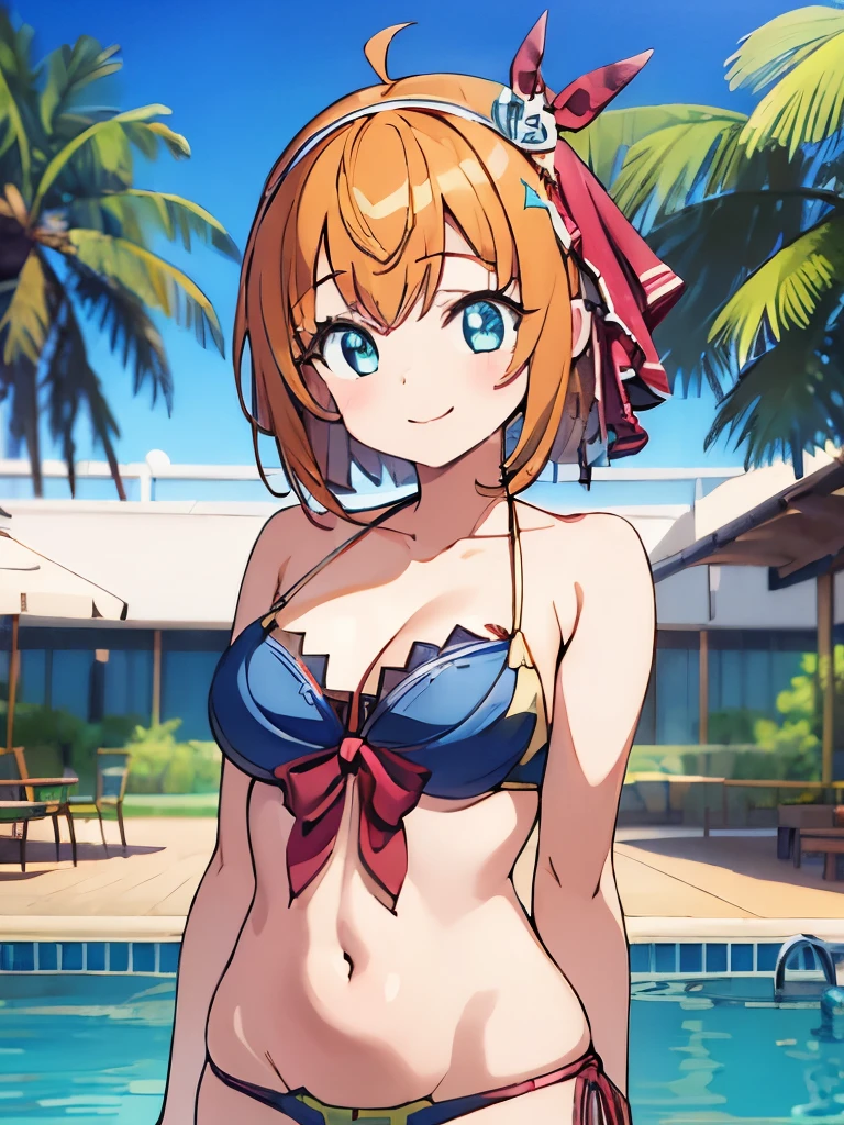 ((masterpiece)), ((best quality)), (ultra-detailed), anime style, pool, a cute girl, 1girl, solo, ((beautiful eyes)), smile, bikini00,