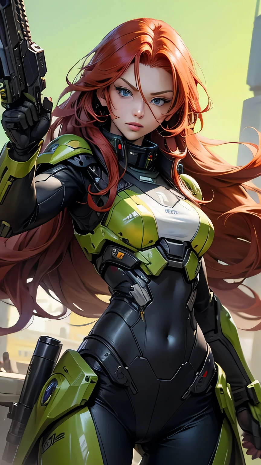Beautiful redhead woman with long hair, blue eyes, military weaponry, cyborg. Yellow finish, green touches. She points a gun.