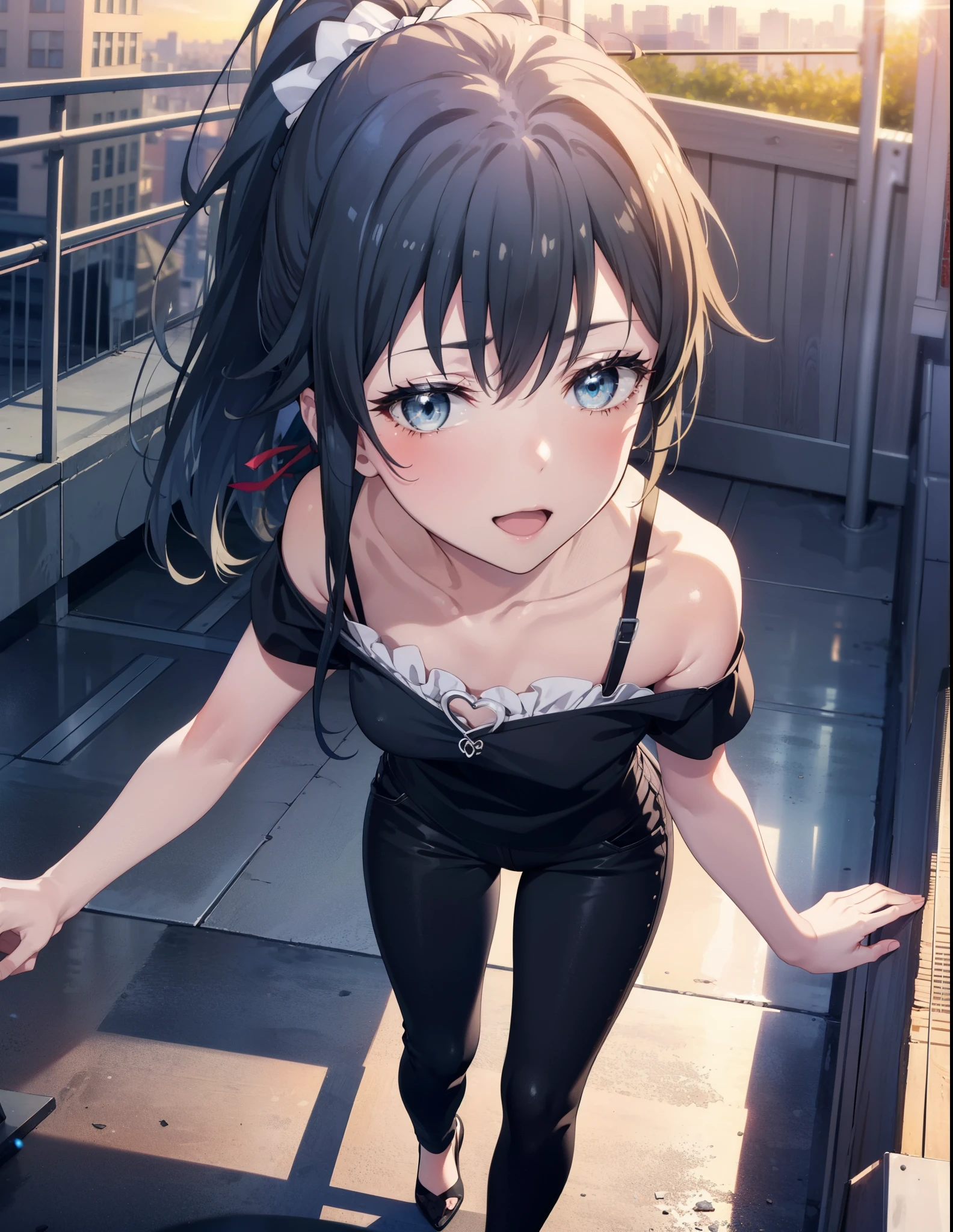 yukinoyukinoshita, yukino yukinoshita, Black Hair, blue eyes, Long Hair, Ahoge,ponytail,happy smile, smile, Open your mouth,Cold shoulder tops,Short sleeve,skinny pants,Stiletto heels,Walking,morning,morning陽,The sun is rising,whole bodyがイラストに入るように,Looking down from above,
break outdoors, In town,Building district,
break looking at viewer, whole body,
break (masterpiece:1.2), highest quality, High resolution, unity 8k wallpaper, (figure:0.8), (Beautiful fine details:1.6), Highly detailed face, Perfect lighting, Highly detailed CG, (Perfect hands, Perfect Anatomy),