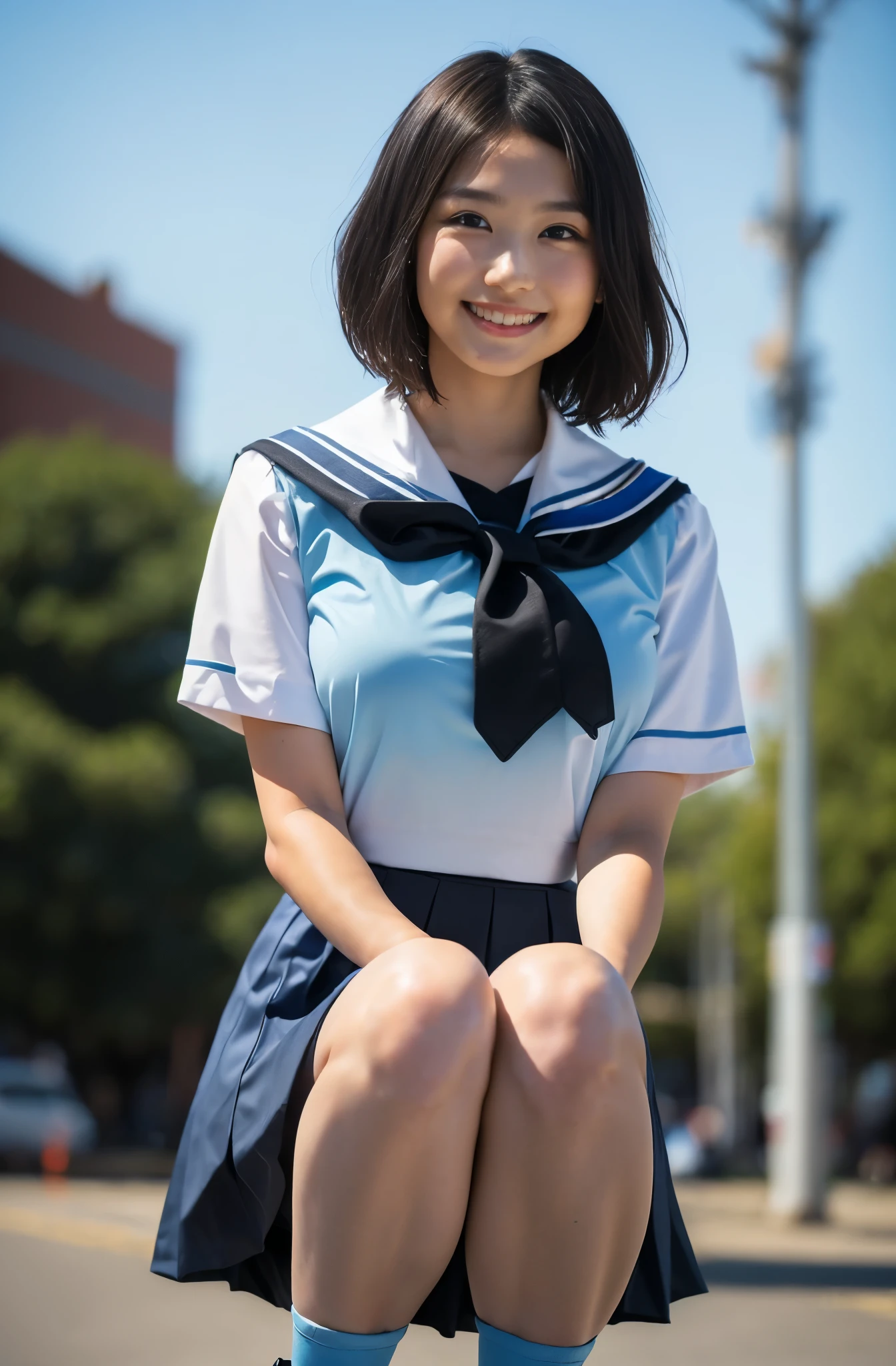 (8k、Raw photography、highest quality、masterpiece:1.2),(Black-haired、Very short hair:1.8),(:1.3)、View your audience,Viewed from the front,White skin,(high school girl、Light blue uniform:1.6)、(Tight waist:1.6)、(Clothes that accentuate the shape of the breasts:1.0)、(Big Breasts :1.3)、Slim figure、Ultra-high resolution,beautiful,beautiful fece,(one person、No background:1.9),whole bodyボディー,Japanese women,(reality的:1.37)、Photon Mapping,reality、(Baby-faced and cute: 1.4)、(Cute Smile: 1.8)、(Round face: 1.8)、Radio City、Physically Based Rendering、Depth of field rally background、photograph, (I can see your knees、Thigh close-up:1.8),(Checked skirt:1.6),whole body、Great quality