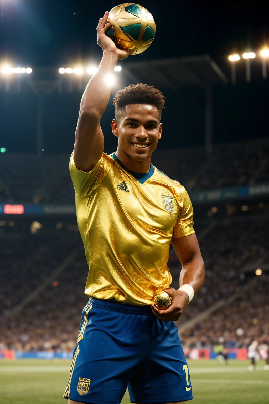 (Best quality, Ultra High Definition, Golden ratio, Masterpiece: 1.3), Sports photography: 0.9, Photo of a soccer player, holding the World Cup trophy high above his head, Tense excitement, sweat-drenched face, (Chiseled jawline), Athletic body, defined muscles, (Strong grip on the trophy), Detailed skin texture, shiny face, dust particles floating in the air, (Proud smile), Dynamic pose, Captured in the stadium, Large crowd cheering in the background, Dramatic lighting, spotlight on the player, Photorealistic, film grain, (Depth of field, shallow: 1.2), (Aut