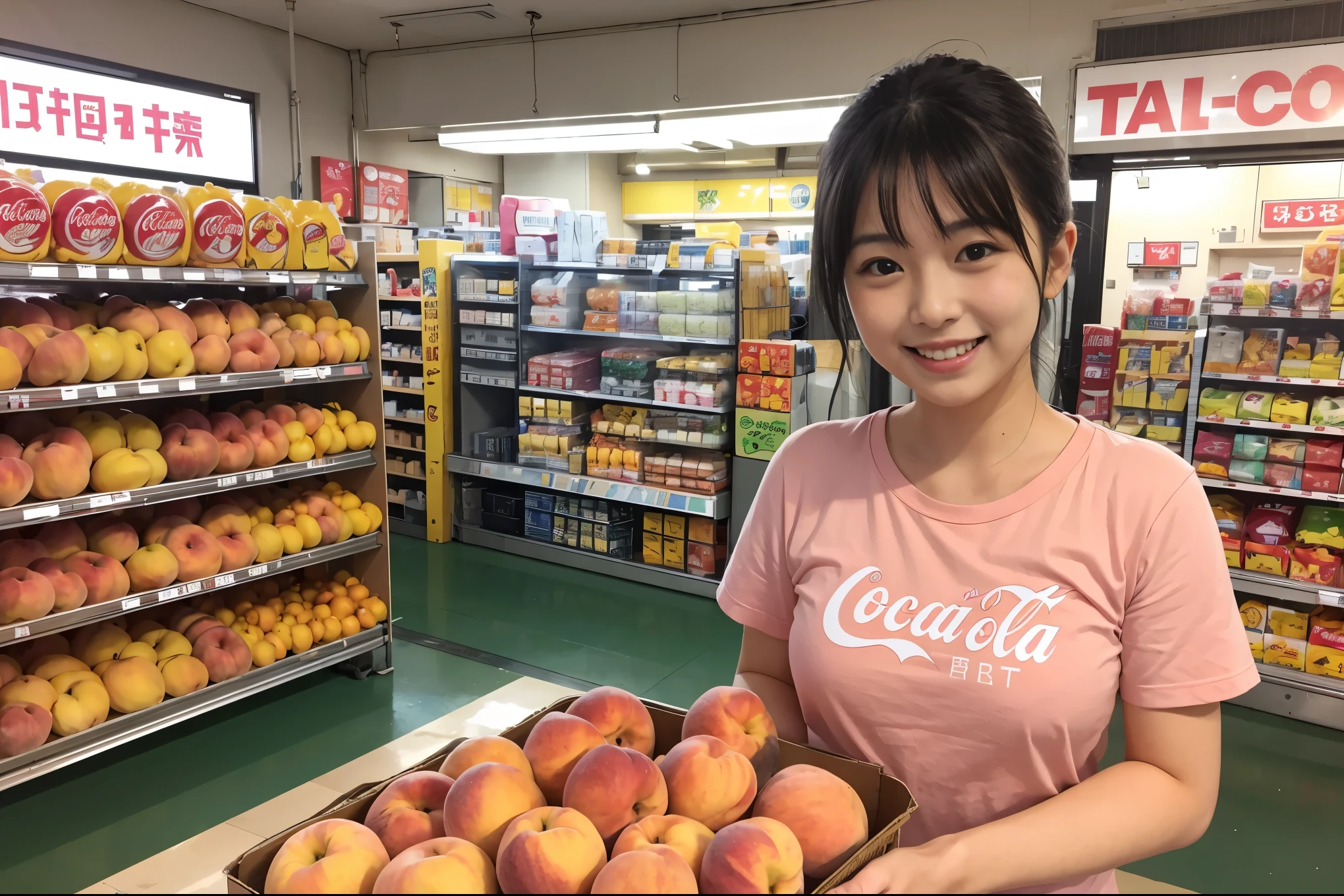 Japanese、1 person, 28 years old, cute、girl、smile, Laughing with your mouth open,  Facing forward, Standing upright, Holding a lot of peaches, Inside a convenience store, He is wearing a bright red Coca-Cola T-shirt,  There are lots of plastic bottles of Coca-Cola, There are a lot of huge pink peaches piled up behind it.、