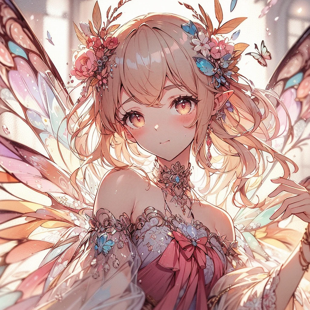 (exquisite, beautiful, very detailed, masterpiece, high quality,High resolution),(soft thin lines:1.2, Beautiful, delicate and pretty face), (Butterfly-like fairy wings growing from her back),from a little far away,body whole,night,A fairy princess lies on a plush, luxurious bed in a luxurious room.,face down,lots of flowers,Hanabubuki,indoor,(Diamond Tiara, earrings, necklace), ((Gorgeous pastel ball gown dress:1.1, Balloon sleeves,Jewels, ribbons, lace and frills, 背中からbeautiful妖精の羽)), (light pink blush, plump pink lips,big bust,Fair skin, good style),