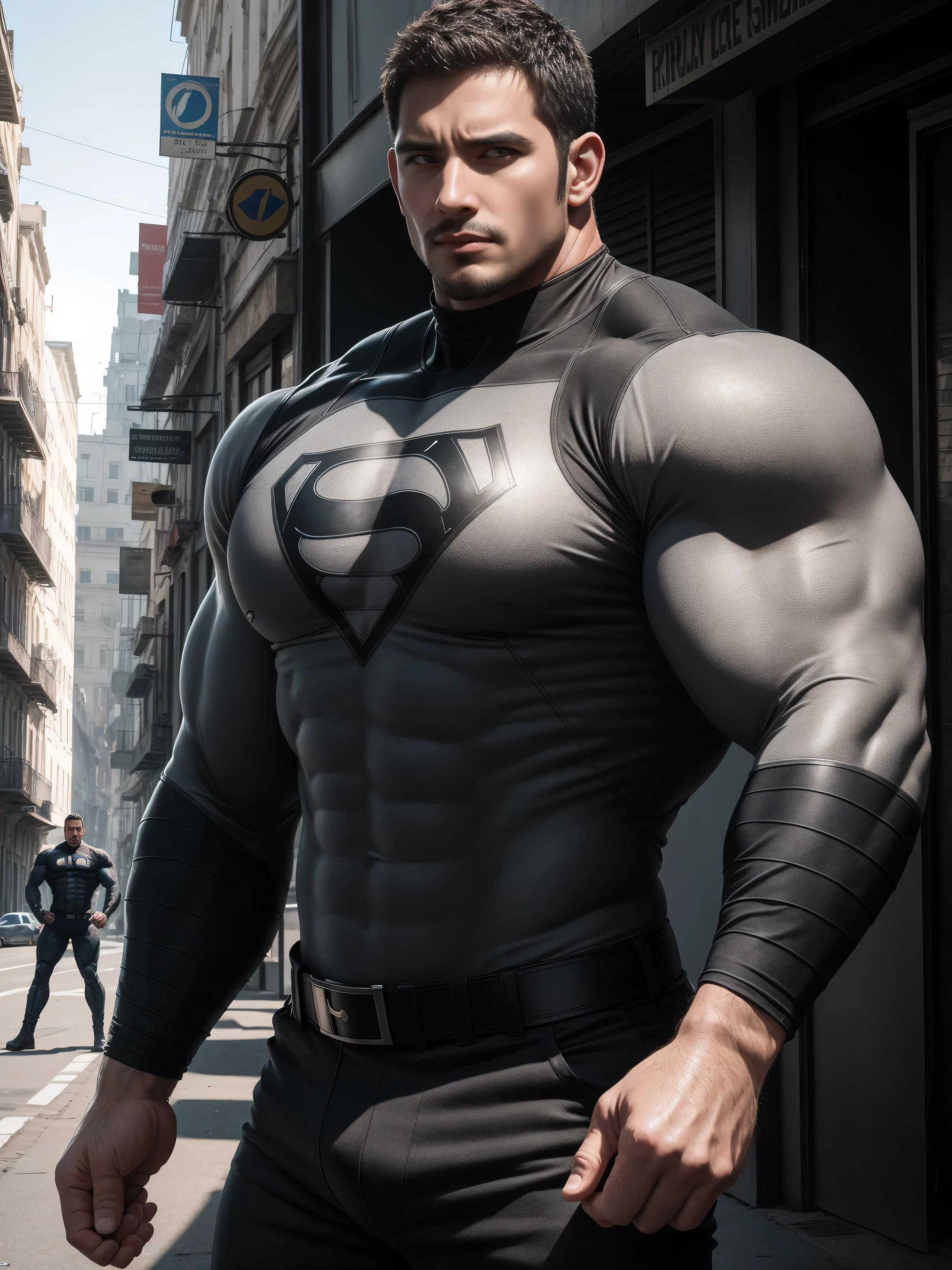 Angry super muscular man,  short hair，On a vintage outdoor street under the hot sun, Wear a long-sleeved drab grey superhero bodysuit, Body wrapped in mud，The clothes are dirty，There are mud stains，The expression is arrogant, Thick thighs, messy hair, Thick thighs, Off-White Turtleneck Long Sleeve Superhero Bodysuit, very tight, Regular symmetrical pattern, Highlight muscles, Police uniform pants, character concept（Resident Evil - chris redfield, chris redfield）A proud expression, Deep and charming eyes, Valiant male pose, tall Burly, muscular！muscular thighs, Tough Guy, Perfect facial features, High, Burly, Heqiang, Super exquisite and cool, High Resolution Committee, Attractive, The sun is blazing, Dazzling