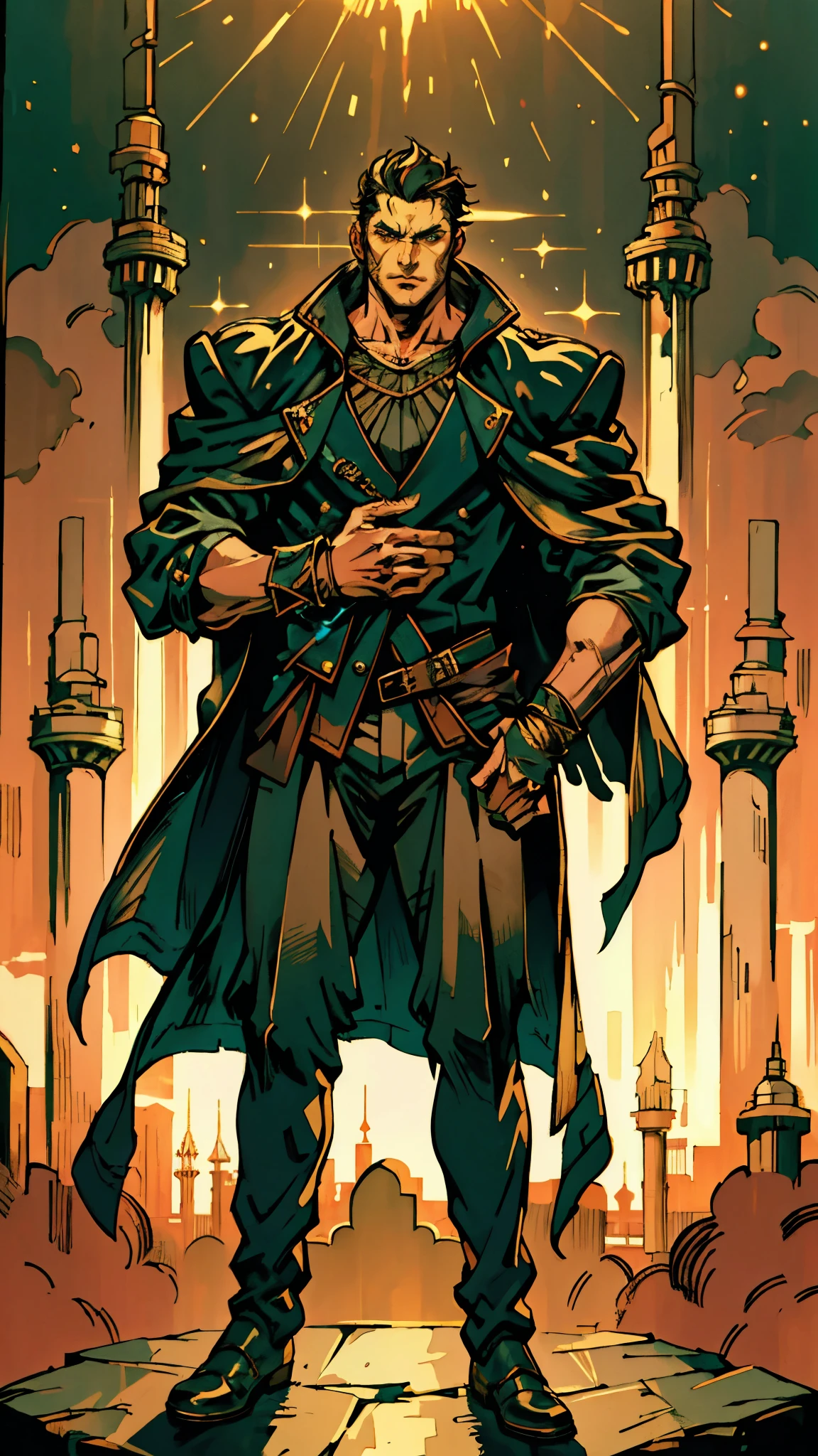 A middle-aged man with long black hair, a metal forehead protector, large triangular eyes, square stubble, a long face, a dignified expression, a tall physique, a luxurious fantasy-style coat adorned with golden patterns and a green crystal in the center, wide short sleeves, metal wrist guards, two-tone linen trousers, thick cloth shoes, the backdrop of a completely black fantasy-style fortress, this character embodies a finely crafted fantasy-style overlord in anime style, exquisite and mature manga art style, dramatic, high definition, best quality, highres, ultra-detailed, ultra-fine painting, extremely delicate, professional, perfect body proportions, golden ratio, anatomically correct, symmetrical face, extremely detailed eyes and face, high quality eyes, creativity, RAW photo, UHD, 32k, Natural light, cinematic lighting, masterpiece-anatomy-perfect, masterpiece:1.5