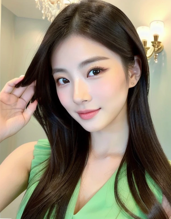 Close-up of a woman in a green dress posing for a photo., Gorgeous Chinese model, หญิงKorean girlที่งดงาม, beautiful south korean women, หญิงKorean girlที่สวยงาม, beautiful asian girl, Cute young man with a sweet Asian face, Chinese girl, Asian girl with long hair, ponytail, The face of a beautiful Japanese girl, Korean girl, Cute girl - clear face, Japanese model, Beautiful Asian woman