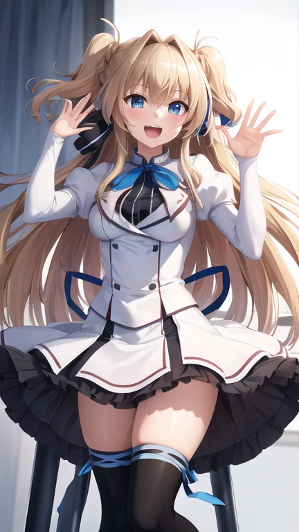masterpiece, best quality, highres, 1girl, solo, long hair, blonde hair, two side up, (hair ribbon:1.1), blue eyes, neck ribbon, , white jacket, juliet sleeves, long sleeves, white skirt, thigh ribbon, black thighhighs, classroom, smile, open mouth, waving