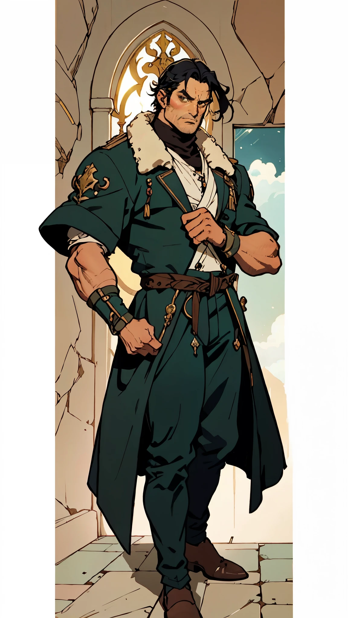 A middle-aged man with long black hair, a metal forehead protector, large triangular eyes, square stubble, a long face, a dignified expression, a tall physique, a luxurious fantasy-style coat adorned with golden patterns and a green crystal in the center, wide short sleeves, metal wrist guards, two-tone linen trousers, thick cloth shoes, the backdrop of a completely black fantasy-style fortress, this character embodies a finely crafted fantasy-style overlord in anime style, exquisite and mature manga art style, dramatic, high definition, best quality, highres, ultra-detailed, ultra-fine painting, extremely delicate, professional, perfect body proportions, golden ratio, anatomically correct, symmetrical face, extremely detailed eyes and face, high quality eyes, creativity, RAW photo, UHD, 32k, Natural light, cinematic lighting, masterpiece-anatomy-perfect, masterpiece:1.5