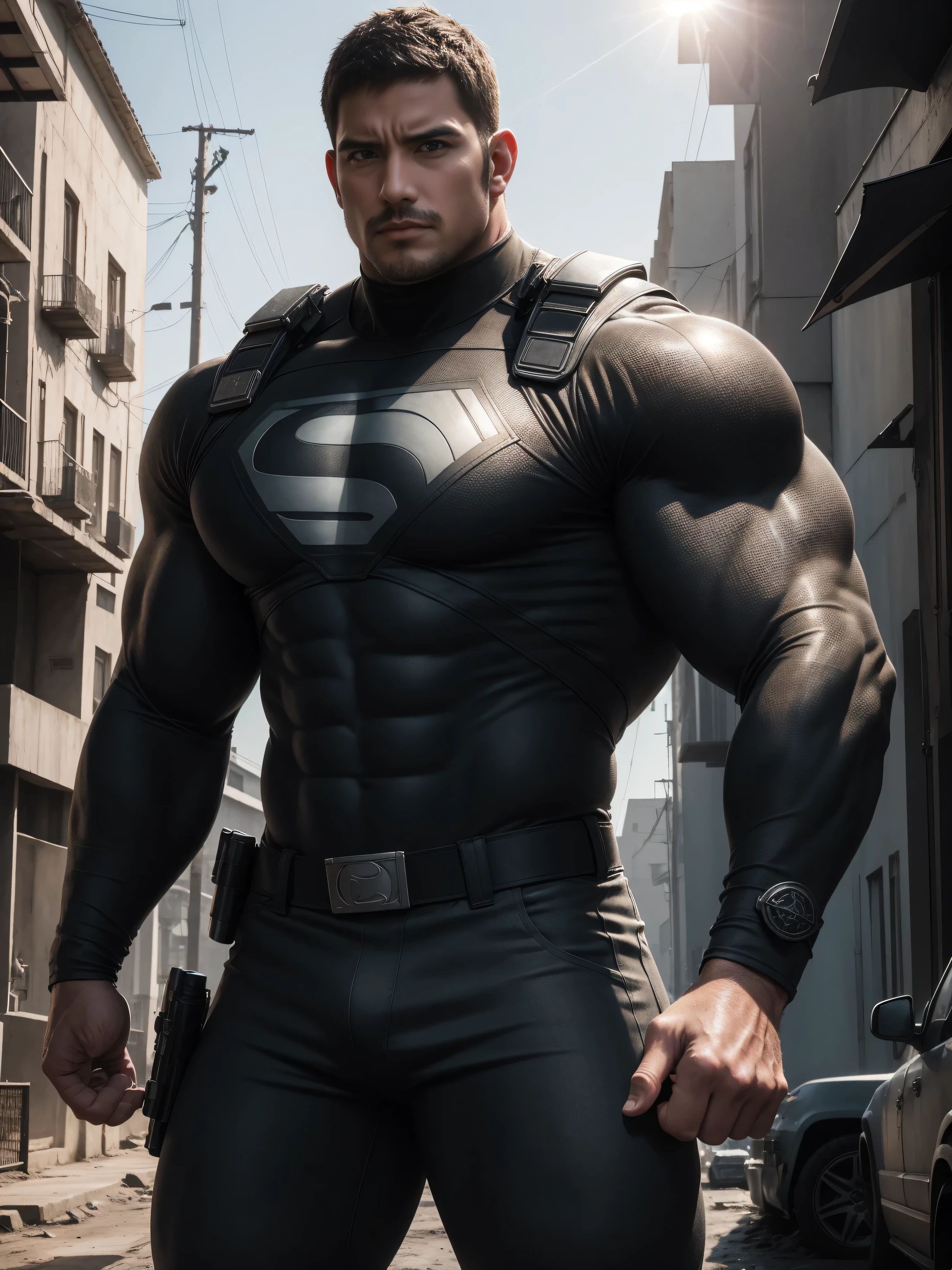 Angry super muscular man, short hair,On a vintage outdoor street under the hot sun, Wear a long-sleeved drab grey superhero bodysuit, Body wrapped in mud,The clothes are dirty,There are mud stains,The expression is arrogant, Thick thighs, messy hair, Thick thighs, Off-White Turtleneck Long Sleeve Superhero Bodysuit, very tight, Regular symmetrical pattern, Highlight muscles, Police uniform pants, character concept(Resident Evil - chris redfield, chris redfield)A proud expression, Deep and charming eyes, Valiant male pose, tall Burly, muscular!muscular thighs, Tough Guy, Perfect facial features, High, Burly, Heqiang, Super exquisite and cool, High Resolution Committee, Attractive, The sun is blazing, Dazzling