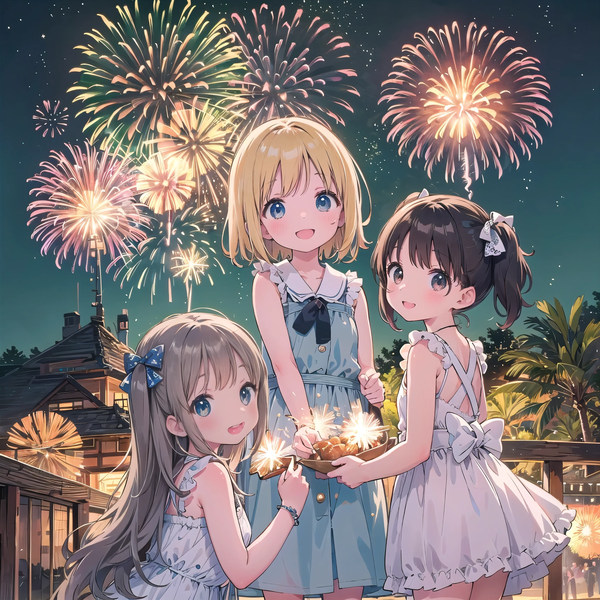 8-year-old、pretty girl、Fireworks display、A happy smile、beautiful Background, Four Girls