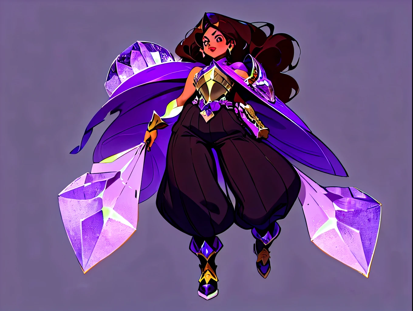 Create a game character model in cartoon style, displayed from multiple angles. The character should be a 23-year-old short, chubby girl with brown skin and dark red lipstick. She has long, wavy brown hair with purple tips. She is wearing a sleeveless ribbed black jumpsuit, white sneakers that are part of armor boots, and a kimono that is part of an armor set with purple crystals. She also has a golden cuirass with crystals and a dark purple cape. The character should be in a dynamic pose, inspired by the style of "Star vs. The Forces of Evil".