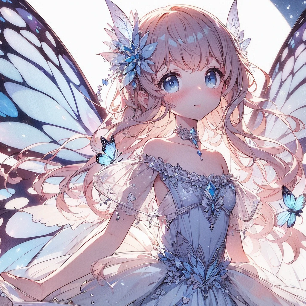 (Exquisite, beautiful, Very detailed, masterpiece, high resolution,high quality,High resolution),(Well-formed face,Soft and thin lines,Moonlit Night,Beautiful and delicate pastel color illustrations that are mature and transparent, Pixiv-inspired anime illustration,Cute pastel-colored girl-style illustrations that are going viral among Japanese people on Twitter), On a night lit by the beautiful Big Moon, a fairy princess with a clear, delicate, beautiful well-formed face and butterfly-like wings is standing sideways happily under the dark moonlit sky., A beautiful moon and stars are shining in the vivid starry night,From a little distance,Tiara, star earrings, star necklace and bracelet), ((A gorgeous ball gown dress with lots of frills and a moon motif., Balloon sleeves, Jewels, ribbons, lace and frills, Butterfly-like fairy wings growing from her back)), (Adorable,A shy smile,Pale pink blush, Plump pink lips,Beautiful and clear eyes,Large Bust, Fair skin, Good style),Starry sky texture,Vibrant pastel colors,Dreamy and cute fantasy world,Whole body,Colored pencil art,Big Moon