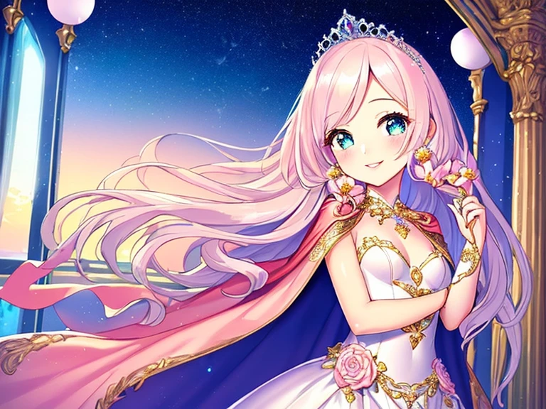 (kawaii),(best quality),(ultra detailed),(rococo style),(long train pastel pink cape:1.15), very long cape,(long train white ball gown with flower decorations:1.1), a girl is wearing a cape over her gown, 1 little princess, tiara, smile, very long hair, small breasts, beautiful detailed eyes, beautiful detailed lips, looking at viewer