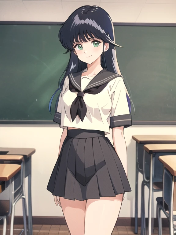 (masterpiece, high quality、Vibrant colors:1.0、Anime Style、Clean brush strokes、Very detailed、Perfect Anatomy、Browsing Caution)、1 girl、 alone、((ayukawa madoka)), (beautiful, fine grain)、Green Eyes、(Blonde、Parted bangs)、smile、Tight waist: 1.0、wide hips 1.4、Big eyes、、Young Body、Sailor suit、mini skirt、loose socks、classroom