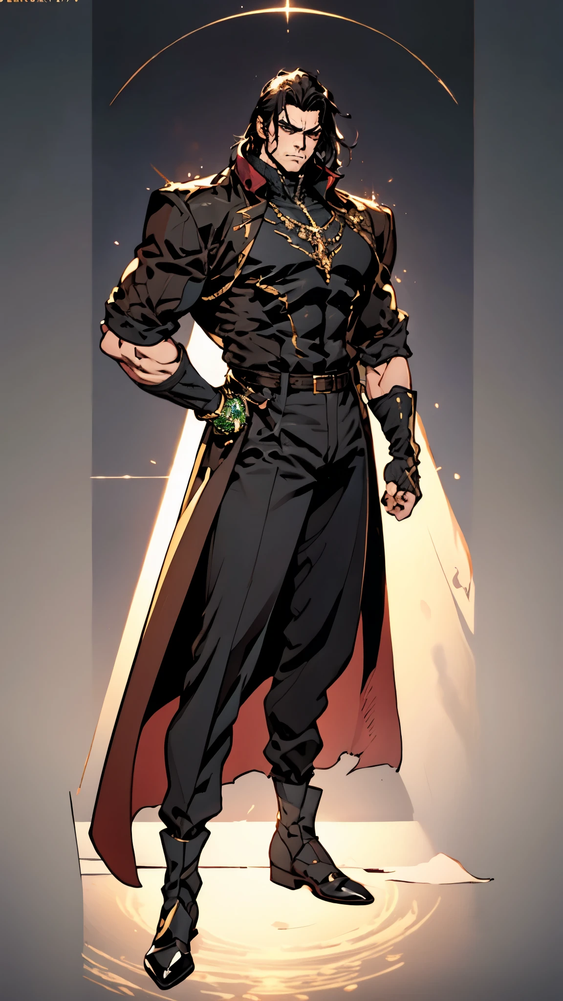 A middle-aged man with long black hair, a metal forehead protector, large triangular eyes, square stubble, a long face, a dignified expression, a tall physique, a luxurious fantasy-style coat adorned with golden patterns and a green crystal in the center, wide short sleeves, metal wrist guards, two-tone linen trousers, thick cloth shoes, the backdrop of a completely black fantasy-style fortress, this character embodies a finely crafted fantasy-style overlord in anime style, exquisite and mature manga art style, dramatic, high definition, best quality, highres, ultra-detailed, ultra-fine painting, extremely delicate, professional, perfect body proportions, golden ratio, anatomically correct, symmetrical face, extremely detailed eyes and face, high quality eyes, creativity, RAW photo, UHD, 32k, Natural light, cinematic lighting, masterpiece-anatomy-perfect, masterpiece:1.5