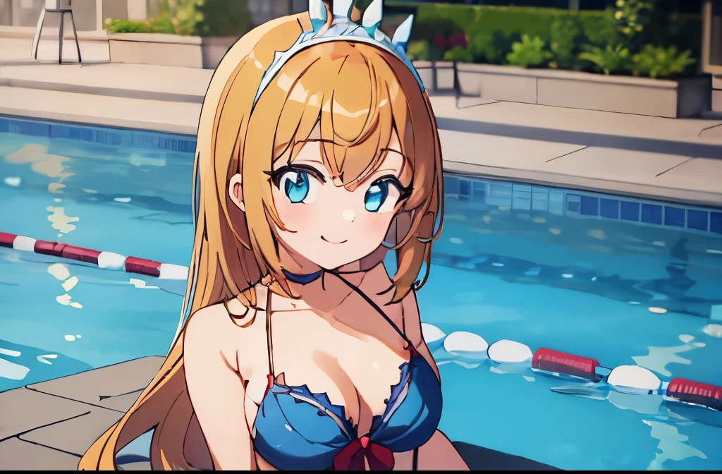 ((masterpiece)), ((best quality)), (ultra-detailed), anime style, pool, a cute girl, 1girl, solo, ((beautiful eyes)), smile, bikini00,