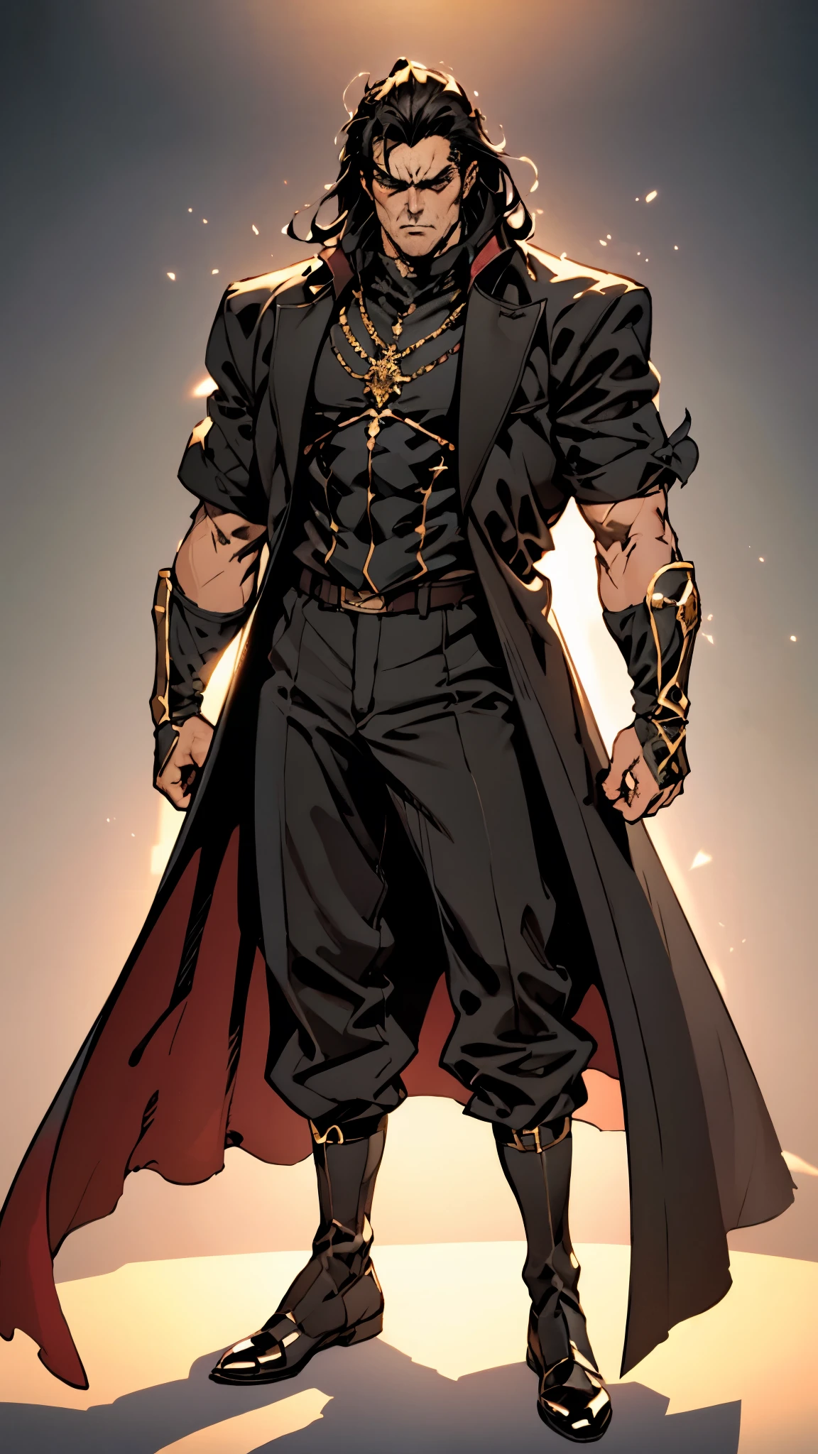 A middle-aged man with long black hair, a metal forehead protector, large triangular eyes, square stubble, a long face, a dignified expression, a tall physique, a luxurious fantasy-style coat adorned with golden patterns and a green crystal in the center, wide short sleeves, metal wrist guards, two-tone linen trousers, thick cloth shoes, the backdrop of a completely black fantasy-style fortress, this character embodies a finely crafted fantasy-style overlord in anime style, exquisite and mature manga art style, dramatic, high definition, best quality, highres, ultra-detailed, ultra-fine painting, extremely delicate, professional, perfect body proportions, golden ratio, anatomically correct, symmetrical face, extremely detailed eyes and face, high quality eyes, creativity, RAW photo, UHD, 32k, Natural light, cinematic lighting, masterpiece-anatomy-perfect, masterpiece:1.5