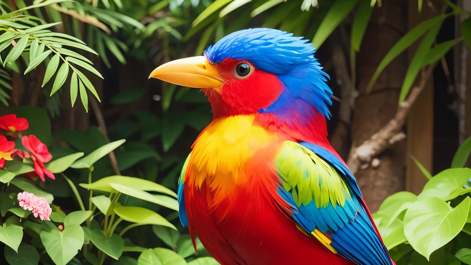 the most beautifull red, blue ,yellow bird in the world, 8k in nature flowers garden