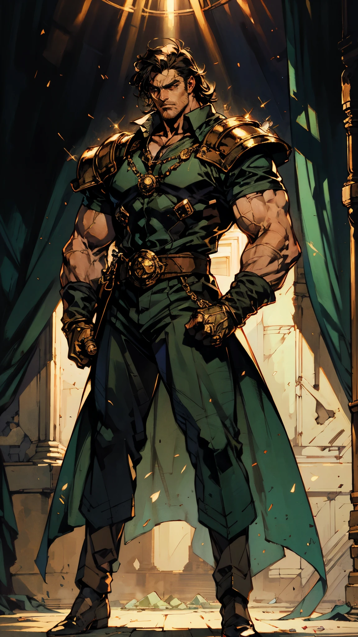 A middle-aged man with long black hair, a metal forehead protector, large triangular eyes, square stubble, a long face, a dignified expression, a tall physique, a luxurious fantasy-style coat adorned with golden patterns and a green crystal in the center, wide short sleeves, metal wrist guards, two-tone linen trousers, thick cloth shoes, the backdrop of a completely black fantasy-style fortress, this character embodies a finely crafted fantasy-style overlord in anime style, exquisite and mature manga art style, dramatic, high definition, best quality, highres, ultra-detailed, ultra-fine painting, extremely delicate, professional, perfect body proportions, golden ratio, anatomically correct, symmetrical face, extremely detailed eyes and face, high quality eyes, creativity, RAW photo, UHD, 32k, Natural light, cinematic lighting, masterpiece-anatomy-perfect, masterpiece:1.5