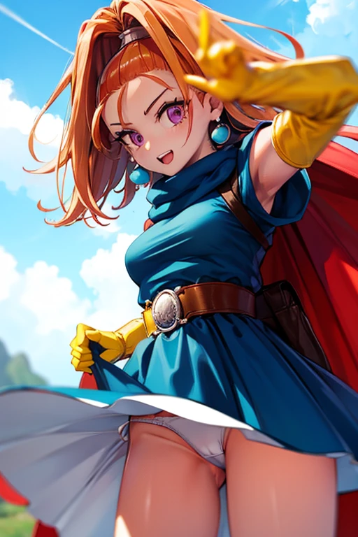Fight with Barbara,alone,white_panties,(Shoot from below),(Wind from below),Thundercloud,dq6barbara High ponytail dress Cape Yellow gloves Belt Jewelry Earrings