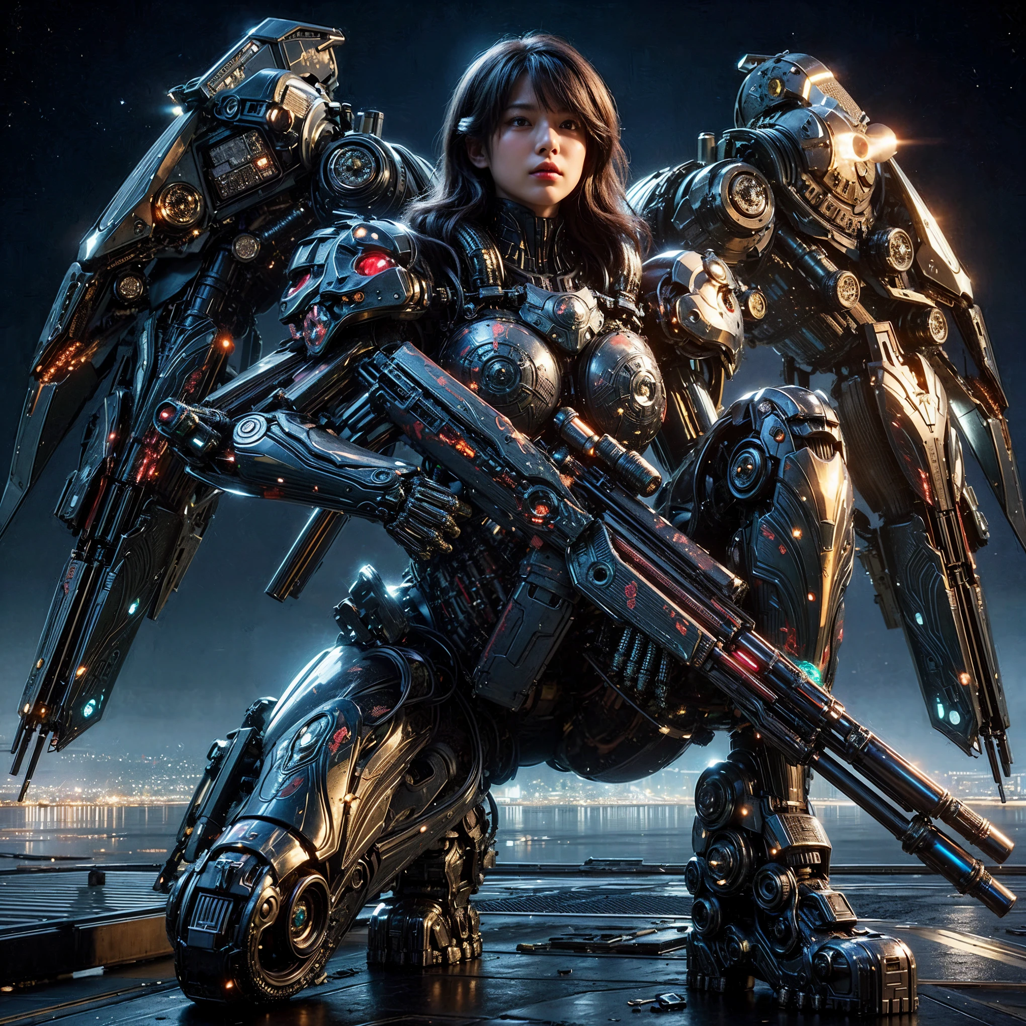 (extremely intricate all details)、(extremely realistic all Texture) 、glossy Texture、Navy blue heavy mechanical armor resembling a pillbug, designed by Hajime Katoki、1 person、Beautiful female soldier、Multi-legged、Heavyweight、Heavy Armor、Firearms、Ultra-realistic、Full Body Shot、Night view of the bayside industrial area、Spotlight lighting to illuminate characters、Please generate at least 4 copies.