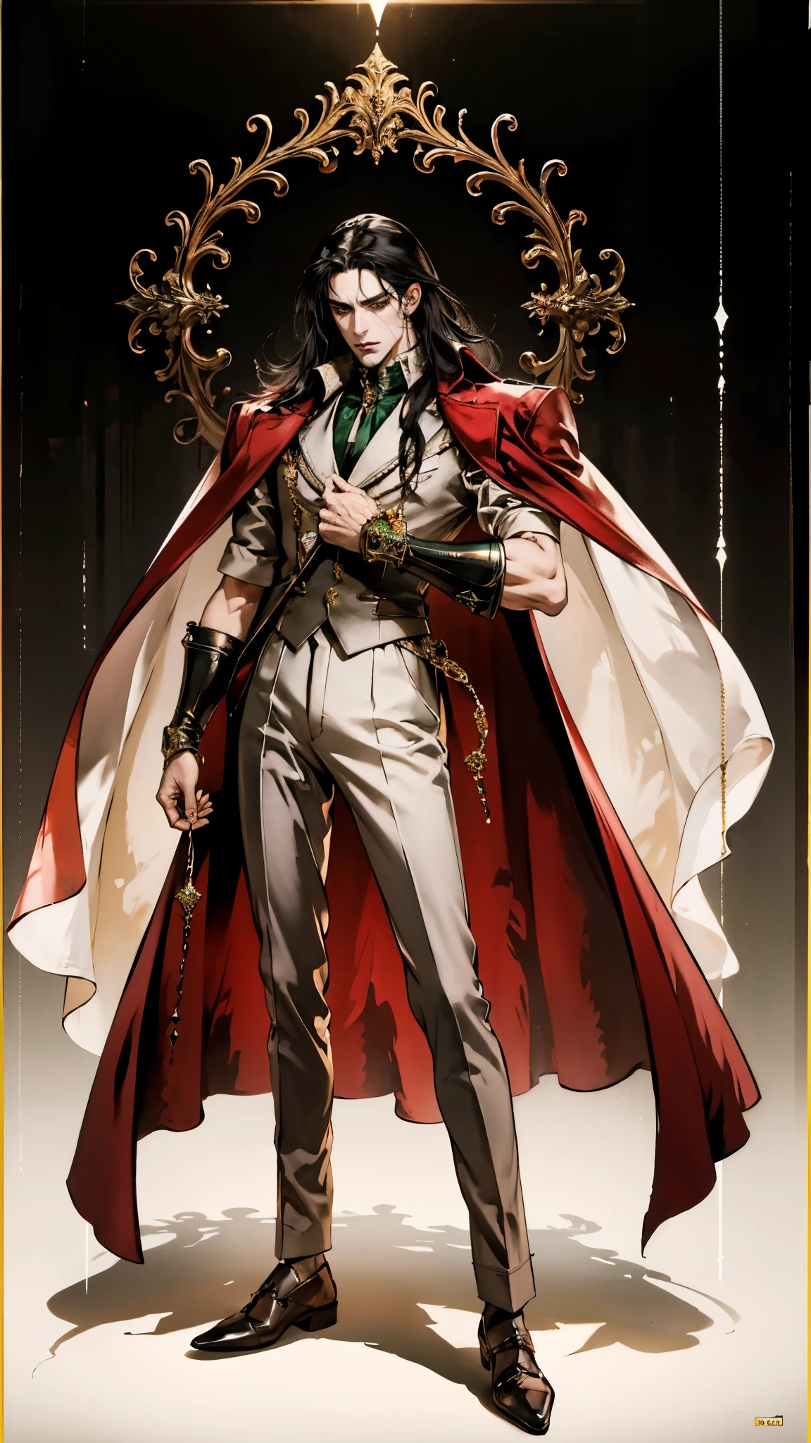 A middle-aged man with long black hair, a metal forehead protector, large triangular eyes, square stubble, a long face, a dignified expression, a tall physique, a luxurious fantasy-style coat adorned with golden patterns and a green crystal in the center, wide short sleeves, metal wrist guards, two-tone linen trousers, thick cloth shoes, the backdrop of a completely black fantasy-style fortress, this character embodies a finely crafted fantasy-style overlord in anime style, exquisite and mature manga art style, dramatic, high definition, best quality, highres, ultra-detailed, ultra-fine painting, extremely delicate, professional, perfect body proportions, golden ratio, anatomically correct, symmetrical face, extremely detailed eyes and face, high quality eyes, creativity, RAW photo, UHD, 32k, Natural light, cinematic lighting, masterpiece-anatomy-perfect, masterpiece:1.5