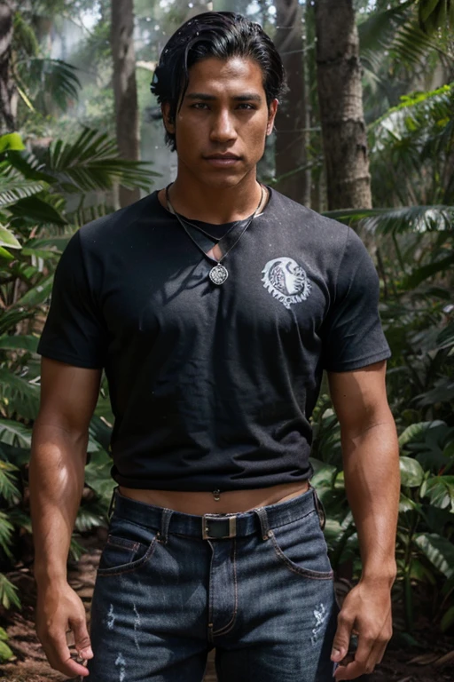 Keahu Kahuanui, Danny Māhealani, Wolf, 18 years old, short and messy black hair, brown eyes, dark blue denim t-shirt, black denim pants, black combat boots. silver pendant, white wolf print. Forest background with fog aura around black color.