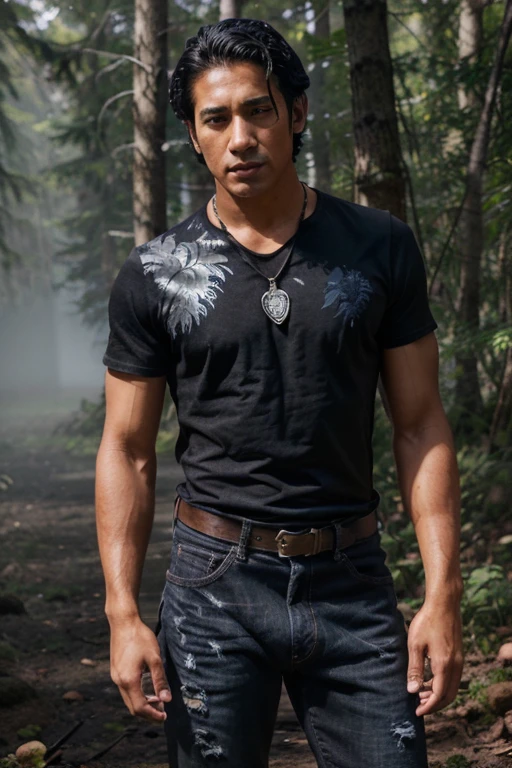 Keahu Kahuanui, Danny Māhealani, Wolf, 18 years old, short and messy black hair, brown eyes, dark blue denim t-shirt, black denim pants, black combat boots. silver pendant, white wolf print. Forest background with fog aura around black color.