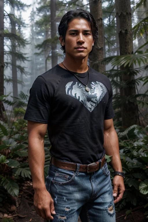 Keahu Kahuanui, Danny Māhealani, Teen Wolf, 18 years old, short and messy black hair, brown eyes, dark blue denim t-shirt, black denim pants, black combat boots. silver pendant, white wolf print. Forest background with fog aura around black color.