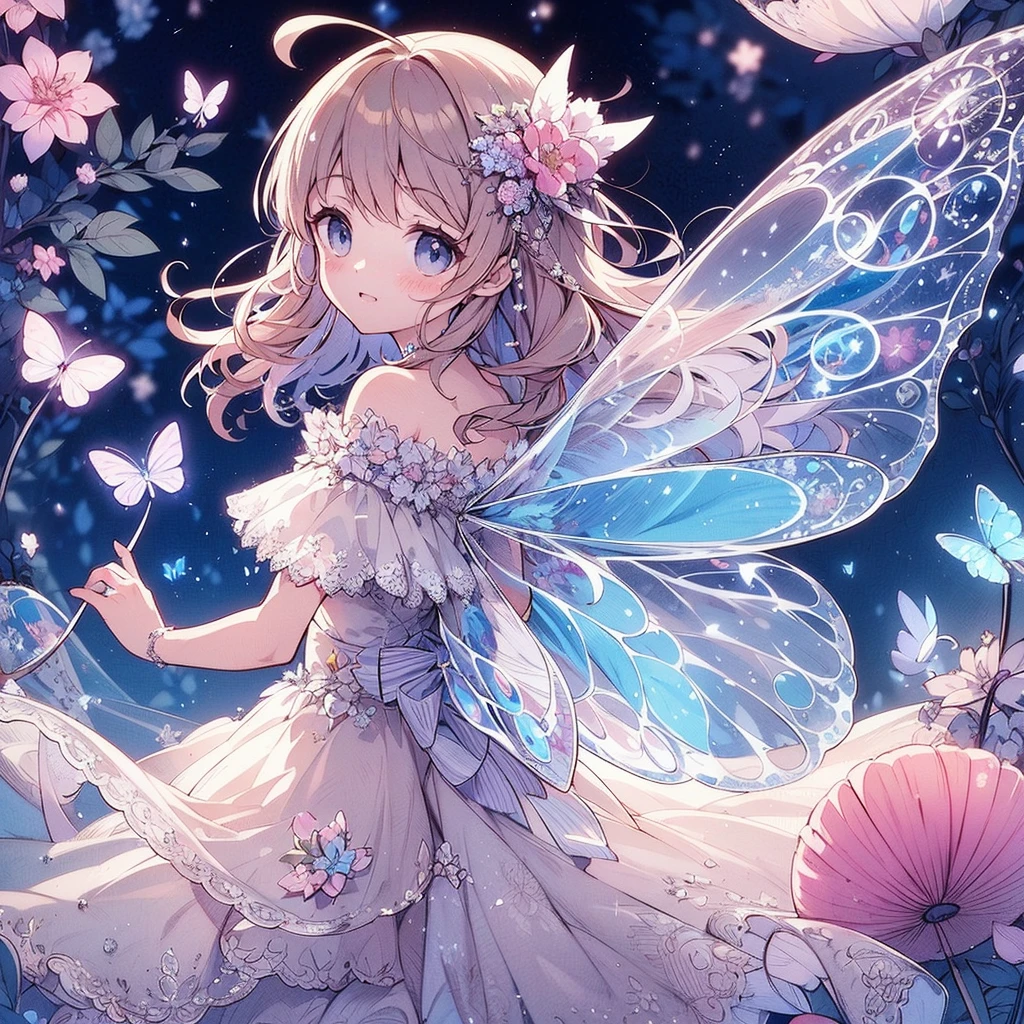 (Exquisite, beautiful, Very detailed, masterpiece, High resolution,high quality,High resolution),(Well-formed face,Soft and thin lines: 1.2, beautiful, Delicate and vivid illustrations with a mature and clear feel), In the middle of the night under the glittering crescent moon, a fairy princess with a clear, delicate, beautiful face and butterfly-like wings is flying happily through the moonlit sky., A vivid starry night with meteors and stars shining in the moonlight,From a little distance,tiara, Star Earrings, Star Necklace,Bracelet,ring,), ((A gorgeous ball gown dress with lots of frills and a moon motif.:1.1, Balloon sleeves, Jewels, ribbons, lace and frills, Butterfly-like fairy wings growing from her back:1.5)), (Adorable,A shy smile,Pale pink blush, Plump pink lips,Beautiful and clear eyes,Large Bust, Fair skin, Good style),Starry sky texture,Vibrant pastel colors,Dreamy and cute fantasy world,Whole body,Colored pencil art