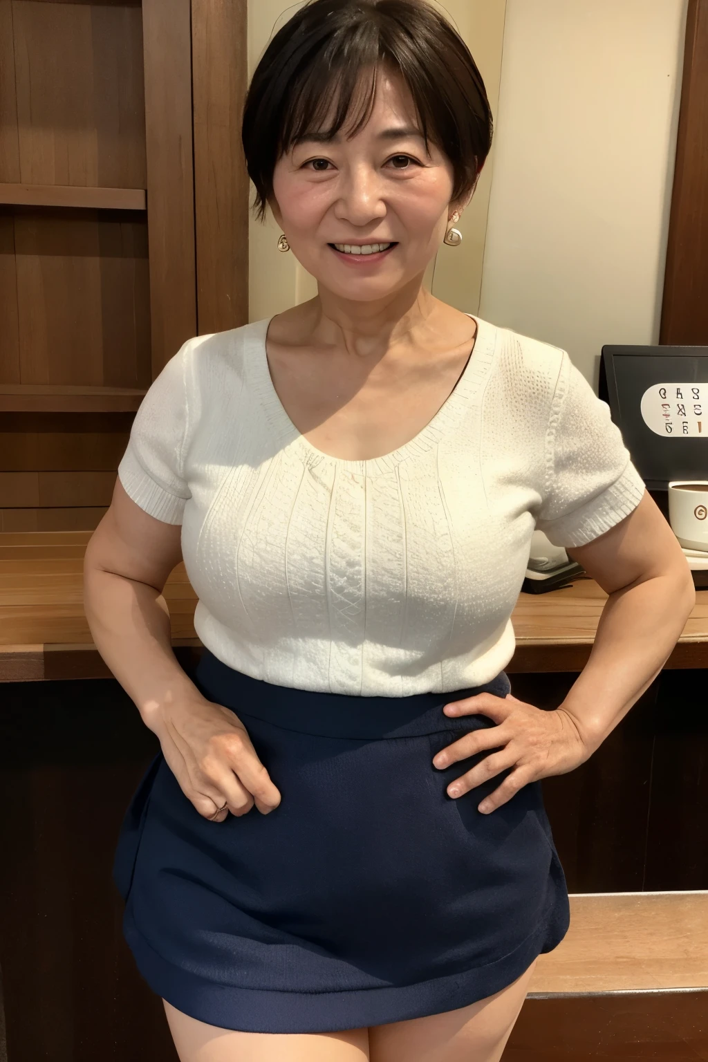 Osaka's aunt、Organic Photography、highest quality、masterpiece、Ultra-high resolution、Beautiful Japanese old lady、60 years old、Looking at the audience、Elegant face、Toothy smile、Big Breasts、Wearing a plain short-sleeved knit、Shortcut hair、mini skirt、Earrings、A corner of a coffee shop, Background Blur