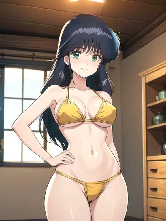 (masterpiece, high quality、Vibrant colors:1.0、Anime Style、Clean brush strokes、Very detailed、Perfect Anatomy、Browsing Caution)、1 girl、 alone、((ayukawa madoka)), (beautiful, fine grain)、Green Eyes、(Blonde、Parted bangs)、smile、Tight waist: 1.0、wide hips 1.4、Big eyes、、Young Body、Gold Bikini、Sandy Beach