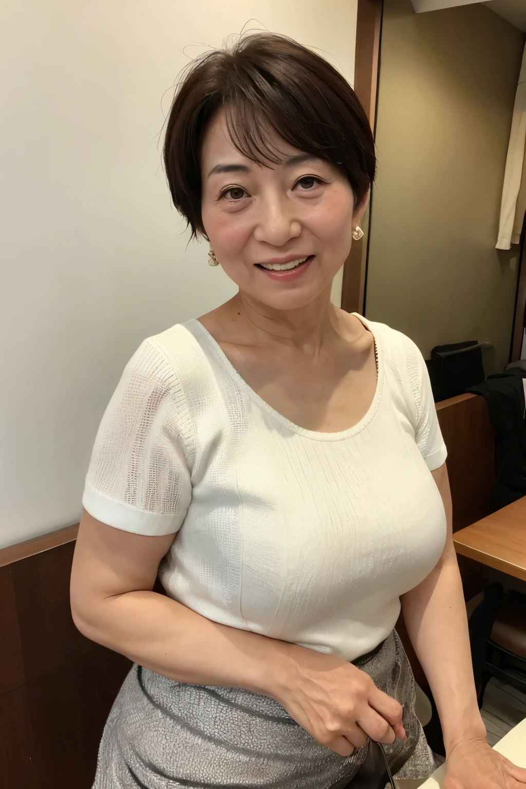 Osaka's aunt、Organic Photography、highest quality、masterpiece、Ultra-high resolution、Beautiful Japanese old lady、60 years old、Looking at the audience、Elegant face、Toothy smile、Big Breasts、Wearing a plain short-sleeved knit、Shortcut hair、mini skirt、Earrings、A corner of a coffee shop, Background Blur