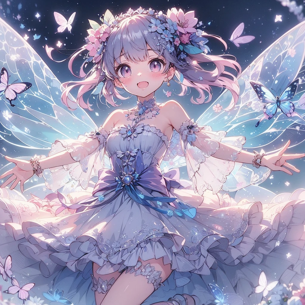(Exquisite, beautiful, Very detailed, masterpiece, high resolution,high quality,High resolution),(Well-formed face,Soft and thin lines,Moonlit Night,Beautiful and delicate pastel color illustrations that are mature and transparent, Pixiv-inspired anime illustration,Cute pastel-colored girl-style illustrations that are going viral among Japanese people on Twitter), On a night lit by the beautiful Big Moon, a fairy princess with a clear, delicate, beautiful well-formed face and butterfly-like wings is standing sideways happily under the dark moonlit sky., A beautiful moon and stars are shining in the vivid starry night,From a little distance,Tiara, star earrings, star necklace and bracelet), ((A gorgeous ball gown dress with lots of frills and a moon motif., Balloon sleeves, Jewels, ribbons, lace and frills, Butterfly-like fairy wings growing from her back)), (Adorable,A shy smile,Pale pink blush, Plump pink lips,Beautiful and clear eyes,Large Bust, Fair skin, Good style),Starry sky texture,Vibrant pastel colors,Dreamy and cute fantasy world,Whole body,Colored pencil art,Big Moon