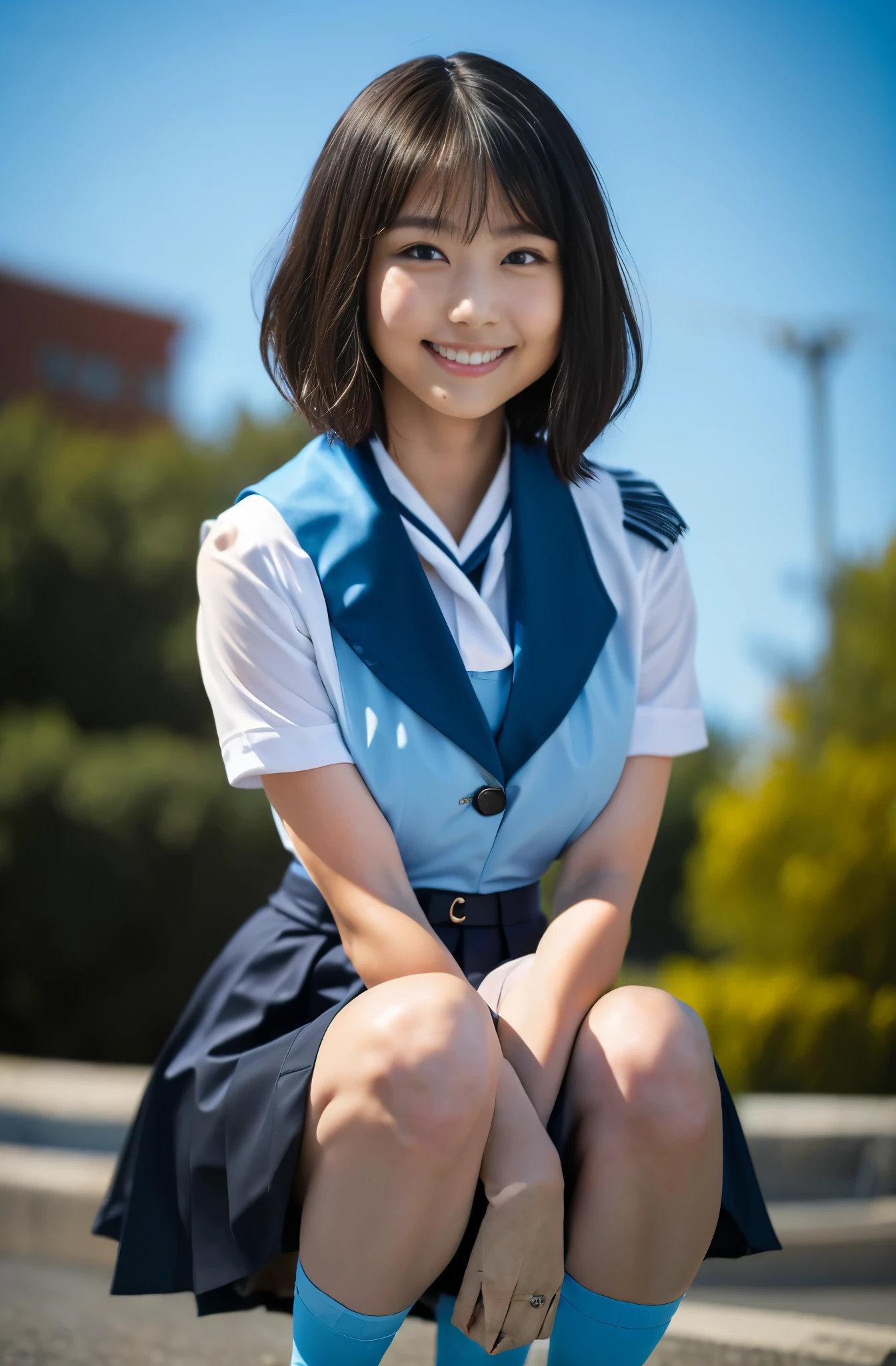 (8k、Raw photography、highest quality、masterpiece:1.2),(Black-haired、Very short hair:1.8),(:1.3)、View your viewers,Viewed from the front,White skin,(high school girl、Light blue uniform:1.6)、(Tight waist:1.6)、(Clothes that accentuate the shape of the breasts:1.0)、(Big Breasts :1.3)、Slim figure、Ultra-high resolution,beautiful,beautiful fece,(one person、No background:1.9),whole bodyボディー,Japanese women,(reality的:1.37)、Photon Mapping,reality、(Baby-faced and cute: 1.4)、(Cute Smile: 1.8)、(Round face: 1.8)、Radio City、Physically Based Rendering、Depth of field rally background、photograph, (I can see your knees、Thigh close-up:1.8),(Check skirt:1.6),whole body、Great quality