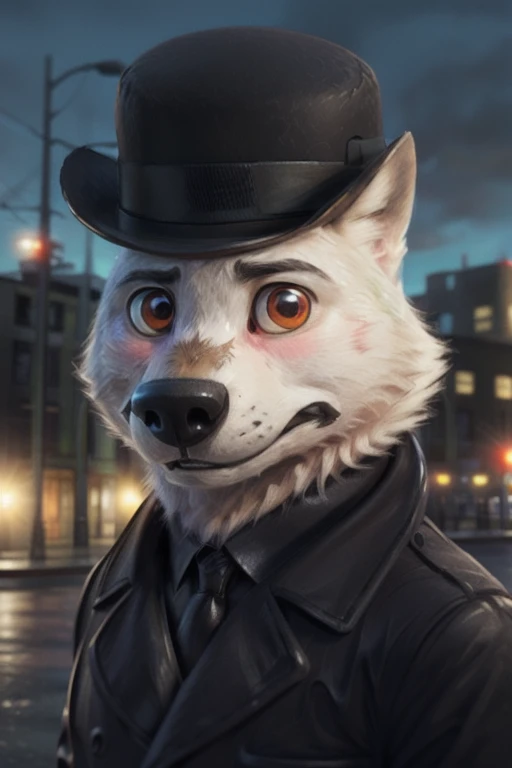 cute cartoon of (gary \(zootopia\)) wearing a (leather jacket) and Drir-15 bowler hat (bowler hat which has a red robotic eye on the front), blank expression, blank look, alone, wolf, white fur, BREAK, dark industrial factory background (complex, high detail, film photography, soft focus, candid cinema RAW, photorealism, realistic, photorealistic, analog style, subsurface scattering, masterpiece, best quality, ultra realistic, 8k),