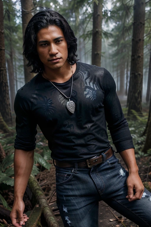 Keahu Kahuanui, Danny Māhealani, Teen Wolf, 18 years old, short and messy black hair, brown eyes, dark blue denim t-shirt, black denim pants, black combat boots. silver pendant, white wolf print. Forest background with fog aura around black color.