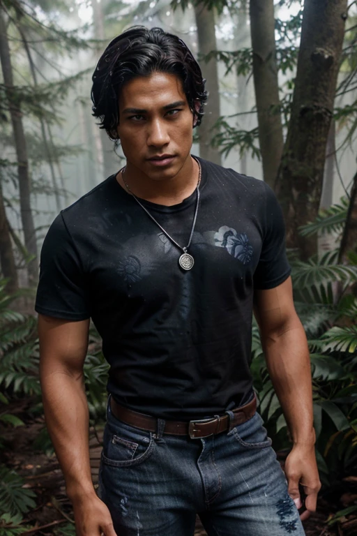 Keahu Kahuanui, Danny Māhealani, Wolf, 18 years old, short and messy black hair, brown eyes, dark blue denim t-shirt, black denim pants, black combat boots. silver pendant, white wolf print. Forest background with fog aura around black color.