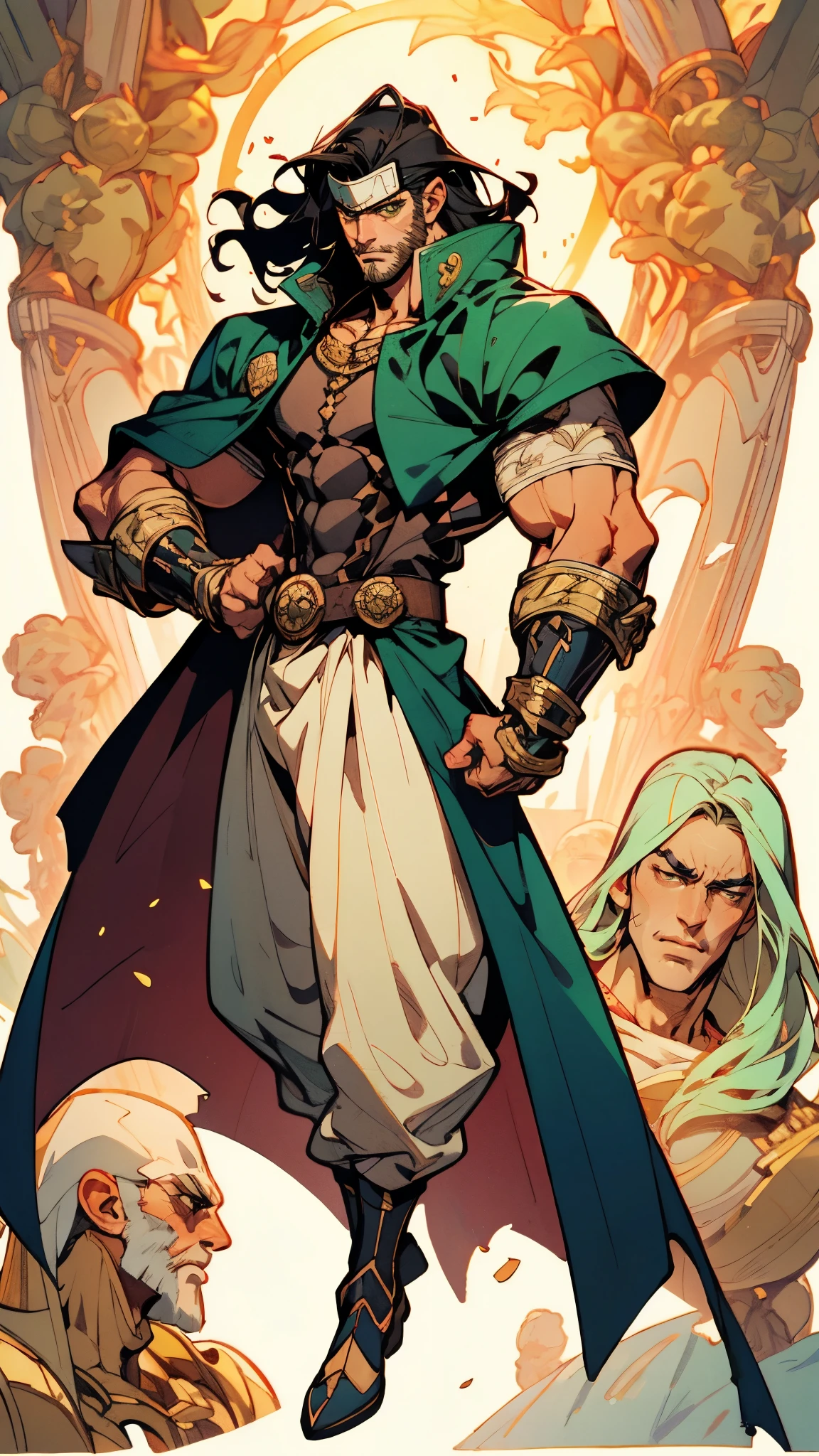 (masterpiece:1.2, best quality, extremely delicate), a man with short brown hair, a short ponytail, brown skin, a handsome face, deep eyes, a wild smile, stubble on his chin, wears a necklace with fangs, a muscular build, a fantasy-reality style blue open short vest, sleeveless, a cloth band on his arm, a yellow belt, green cargo pants, stands on an endless coastline, this character embodies a finely crafted fantasy-reality style rogue in anime style, exquisite and mature manga art style, dramatic, high definition, highres, ultra-detailed, ultra-fine painting, professional, perfect body proportions, golden ratio, anatomically correct, symmetrical face, extremely detailed eyes and face, high quality eyes, creativity, RAW photo, UHD, 32k, Natural light, cinematic lighting, masterpiece-anatomy-perfect,((angry)),