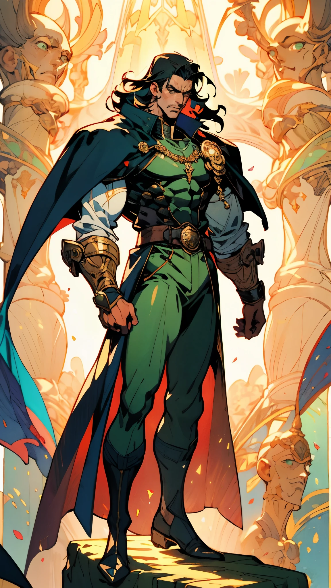 A middle-aged man with long black hair, a metal forehead protector, large triangular eyes, square stubble, a long face, a dignified expression, a tall physique, a luxurious fantasy-style coat adorned with golden patterns and a green crystal in the center, wide short sleeves, metal wrist guards, two-tone linen trousers, thick cloth shoes, the backdrop of a completely black fantasy-style fortress, this character embodies a finely crafted fantasy-style overlord in anime style, exquisite and mature manga art style, dramatic, high definition, best quality, highres, ultra-detailed, ultra-fine painting, extremely delicate, professional, perfect body proportions, golden ratio, anatomically correct, symmetrical face, extremely detailed eyes and face, high quality eyes, creativity, RAW photo, UHD, 32k, Natural light, cinematic lighting, masterpiece-anatomy-perfect, masterpiece:1.5