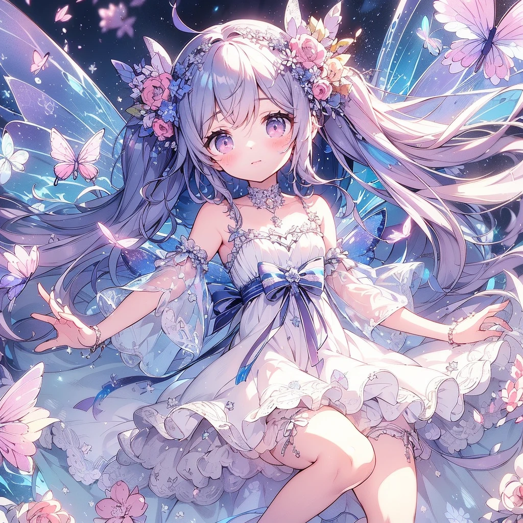 (Exquisite, beautiful, Very detailed, masterpiece, high resolution,high quality,High resolution),(Well-formed face,Soft and thin lines,Moonlit Night,Beautiful and delicate pastel color illustrations that are mature and transparent, Pixiv-inspired anime illustration,Cute pastel-colored girl-style illustrations that are going viral among Japanese people on Twitter), On a night lit by the beautiful Big Moon, a fairy princess with a clear, delicate, beautiful well-formed face and butterfly-like wings is standing sideways happily under the dark moonlit sky., A beautiful moon and stars are shining in the vivid starry night,From a little distance,Tiara, star earrings, star necklace and bracelet), ((A gorgeous ball gown dress with lots of frills and a moon motif., Balloon sleeves, Jewels, ribbons, lace and frills, Butterfly-like fairy wings growing from her back)), (Adorable,A shy smile,Pale pink blush, Plump pink lips,Beautiful and clear eyes,Large Bust, Fair skin, Good style),Starry sky texture,Vibrant pastel colors,Dreamy and cute fantasy world,Whole body,Colored pencil art,Big Moon