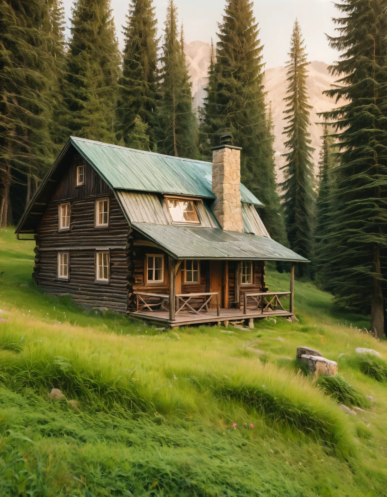 a rustic wooden cabin with a slanted roof, situated on a grassy hillside. The cabin is old and weathered, with a mix of wooden planks and a tin roof, showing signs of age and exposure to the elements. A person wearing a hat and green jacket sits on the grassy slope, facing away from the viewer, gazing towards the cabin. The landscape around is lush and green, with tall pine trees and a serene forest extending into the background. The sky above has a warm, pinkish hue, indicating either sunrise or sunset, casting a soft, golden light over the scene. The overall atmosphere is tranquil and nostalgic, capturing the quiet beauty of nature and solitude, ultra realistic photo, vibrant colors, 8k