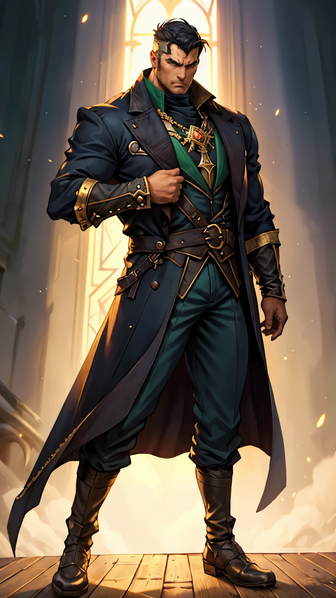 A middle-aged man with long black hair, a metal forehead protector, large triangular eyes, square stubble, a long face, a dignified expression, a tall physique, a luxurious fantasy-style coat adorned with golden patterns and a green crystal in the center, wide short sleeves, metal wrist guards, two-tone linen trousers, thick cloth shoes, the backdrop of a completely black fantasy-style fortress, this character embodies a finely crafted fantasy-style overlord in anime style, exquisite and mature manga art style, dramatic, high definition, best quality, highres, ultra-detailed, ultra-fine painting, extremely delicate, professional, perfect body proportions, golden ratio, anatomically correct, symmetrical face, extremely detailed eyes and face, high quality eyes, creativity, RAW photo, UHD, 32k, Natural light, cinematic lighting, masterpiece-anatomy-perfect, masterpiece:1.5