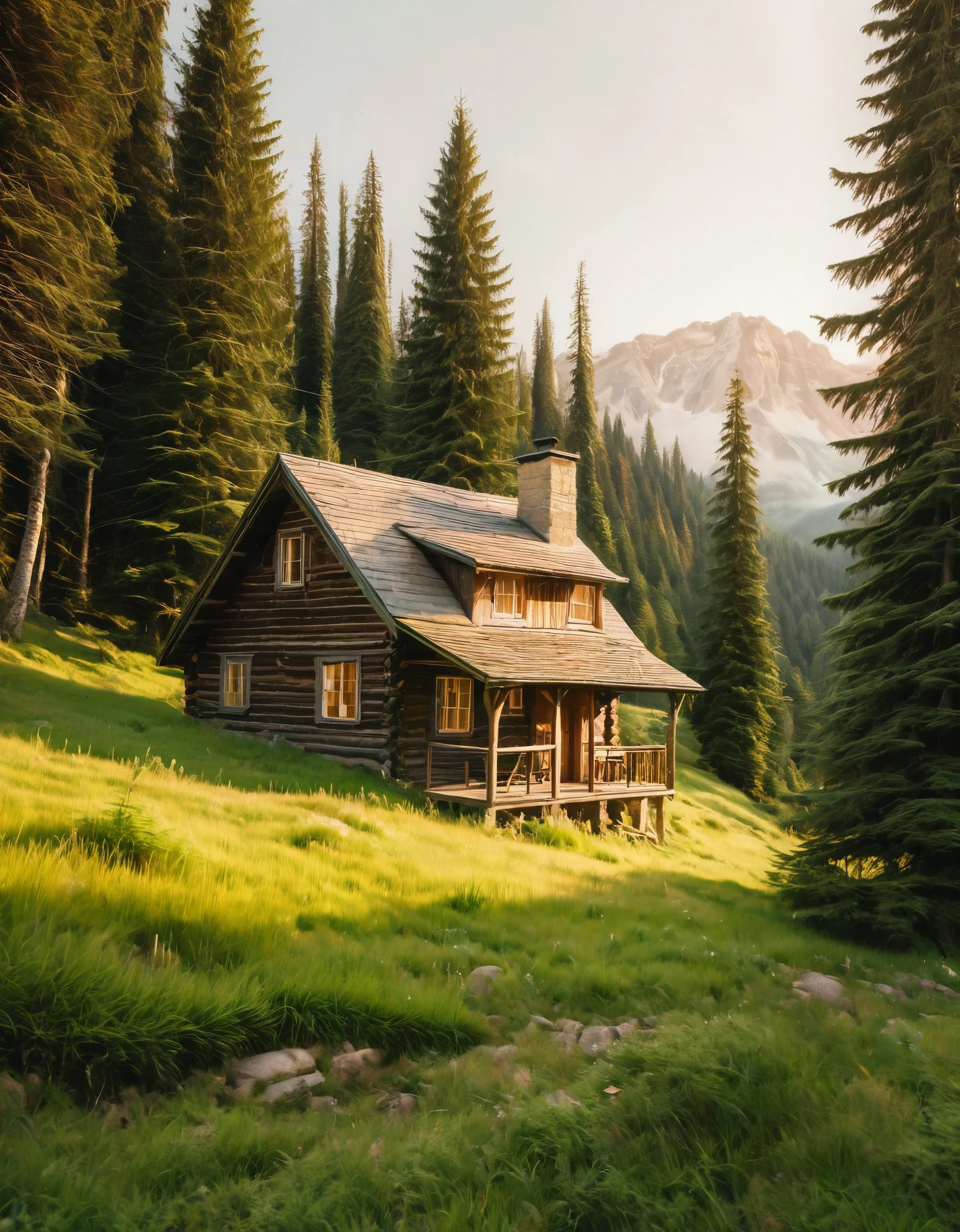 a rustic wooden cabin with a slanted roof, situated on a grassy hillside. The cabin is old and weathered, with a mix of wooden planks and a tin roof, showing signs of age and exposure to the elements. A person wearing a hat and green jacket sits on the grassy slope, facing away from the viewer, gazing towards the cabin. The landscape around is lush and green, with tall pine trees and a serene forest extending into the background. The sky above has a warm, pinkish hue, indicating either sunrise or sunset, casting a soft, golden light over the scene. The overall atmosphere is tranquil and nostalgic, capturing the quiet beauty of nature and solitude, ultra realistic photo, vibrant colors, 8k